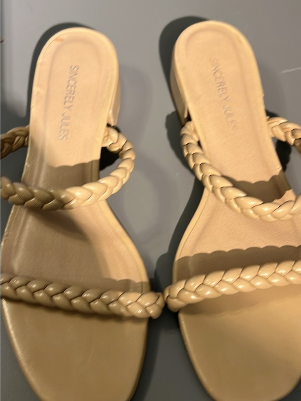 Sincerely Jules Braided Double-Strap Slide Sandals in Tan